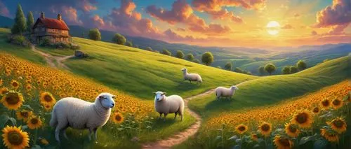 Dreamcore field, vibrant colors, whimsical atmosphere, fluffy clouds, sparkling fireflies, lush green grass, winding dirt path, delicate wildflowers, sunflowers smiling at the sky, a few puffy white s