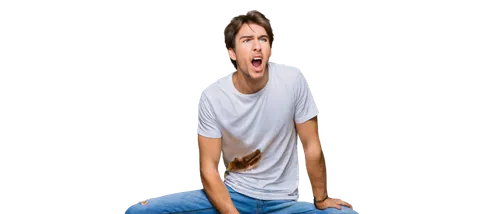 Man, scream, open mouth, fear expression, messy brown hair, sweat on forehead, worn-out white shirt, torn blue jeans, bare feet, dramatic lighting, close-up shot, shallow depth of field, high contrast