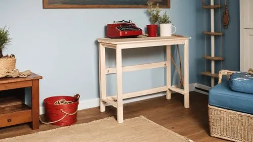 Desk in sunny children's room,there is a table with a red telephone on it,mudroom,storage cabinet,home corner,nursery decoration,wooden shelf,baby room