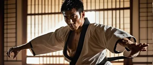 Martial artist, senjutsu style, strong muscular man, intense gaze, short spiky hair, sweat droplets, worn-out gi, black belt, ripped muscles, dynamic pose, kicking motion, Japanese dojo, tatami mats, 