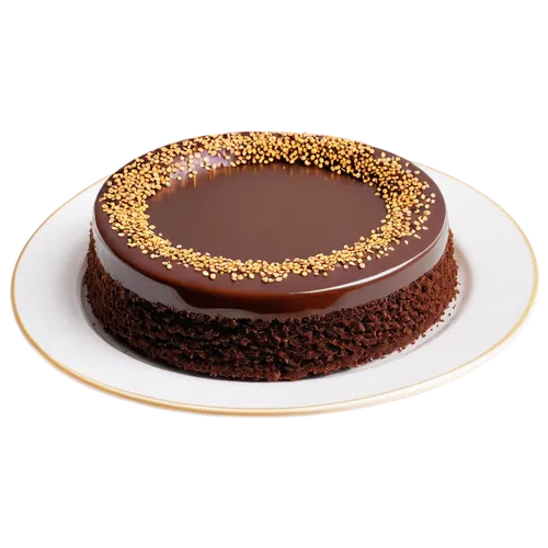 Pastel de chocolate, French dessert, round shape, soft focus, delicate edges, creamy texture, golden brown color, sprinkles on top, elegant plate, white background, 45-degree angle, warm lighting, sha