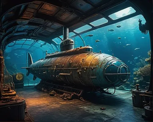 Futuristic submarine, sleek metallic body, rounded edges, neon blue lights, portholes, propellers, rudder, sonar dome, periscope, captain's room, control panel, radar screens, navigation charts, leath