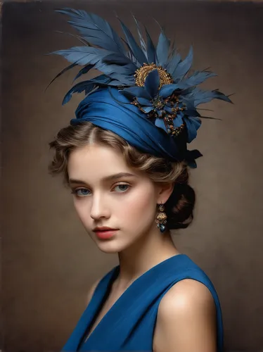 mazarine blue,headdress,beautiful bonnet,feather headdress,blue peacock,the hat of the woman,ladies hat,headpiece,woman's hat,hat vintage,diadem,bridal accessory,himilayan blue poppy,blue rose,the hat-female,vintage fashion,women's hat,vintage woman,cobalt blue,girl wearing hat,Art,Classical Oil Painting,Classical Oil Painting 32