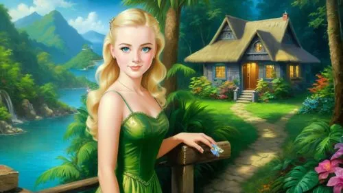 Romantic masterpiece oil painting, beautiful girl portrait, nostalgic 1950's style kitsch, vibrant rainforest,  mountaintop cottage landscape, lush tropical jungle paradise, summer beach scenery, by T