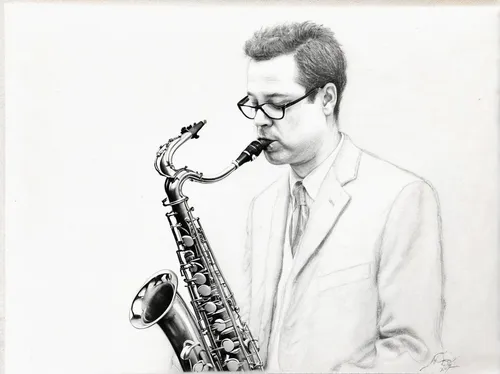 man with saxophone,saxophone playing man,saxophonist,saxophone player,drawing trumpet,tenor saxophone,saxophone,baritone saxophone,sax,jazz,clarinetist,pencil drawing,oboe,clarinet,oboist,choi kwang-do,luo han guo,saxhorn,wind instrument,sfa jazz,Illustration,Black and White,Black and White 35