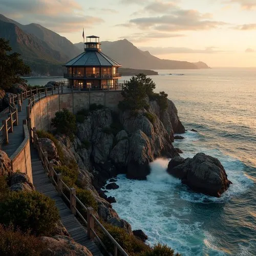 Watchtower on coastal cliff, rugged rock formations, crashing ocean waves, salty sea air, nautical themed architecture, wooden decking, rope railings, lantern-style lighting, weathered stone walls, cu