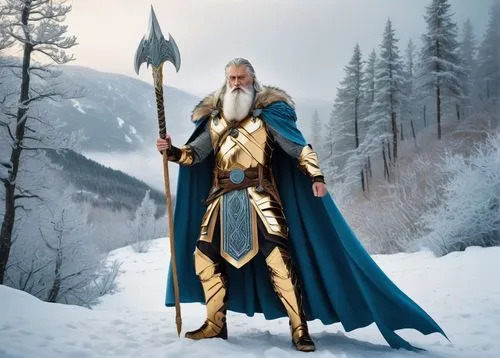 Odin, Norse god, strong muscular build, long white beard, braided hair, icy blue eyes, golden armor, wolf skin cape, holding Gungnir spear, standing in snowy mountain, winter landscape, frosty trees, 