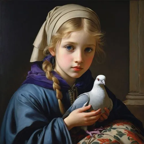 girl with bread-and-butter,dossi,girl with a dolphin,girl with cloth,girl with dog,young girl,lucquin,poussin,dove of peace,guccione,columbidae,auguste,bouguereau,portrait of a girl,columba,dewitte,peace dove,batoni,doves and pigeons,witte,Art,Classical Oil Painting,Classical Oil Painting 34