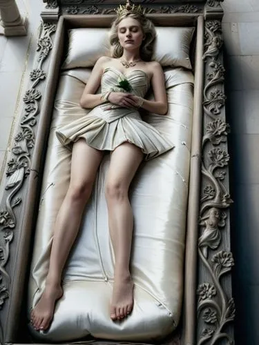 Princess von Bergen in an open coffin with folded hands.,a woman laying on a bed in a suit case,evanna,woman on bed,greenaway,the sleeping rose,margaery,rosalyn,Photography,General,Natural