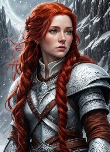 red-haired,fantasy portrait,celtic queen,the snow queen,dwarf sundheim,female warrior,winterblueher,redheads,red head,merida,heroic fantasy,fantasy woman,suit of the snow maiden,eufiliya,ice queen,fan