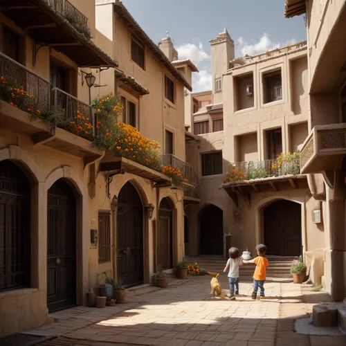 add birds, yellow and orange flowers, two kids playing, beautiful  cat eating

,riad,jaffa,alhambra,narrow street,medieval street,caravansary,marrakesh,3d rendering,townhouses,old city,souk,karnak,car