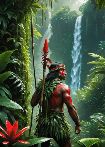 native man with a spear hiding in green thickets, face painted with red symbols, tropical island, waterfall in the jungle, native with a spear hiding in green thickets, jungle, tropical vines on all s