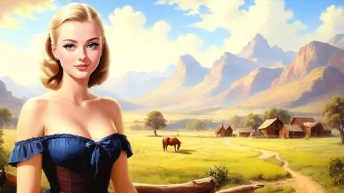 Dark colors, Romantic masterpiece oil painting, cute girl portrait, tube top, lavish sweeping landscpae, vast American frontier, breathtaking beautiful landscape, southwest farm ranch scenery, highly 