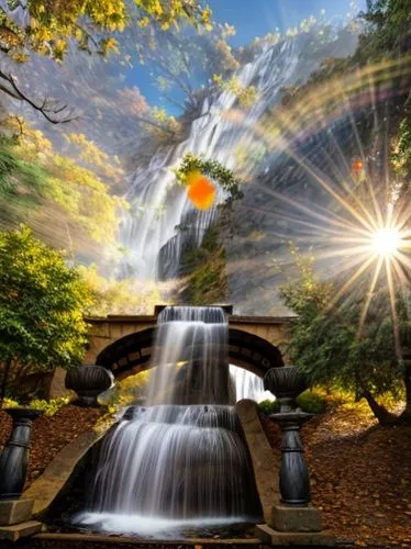 sunburst background,rainbow bridge,mountain spring,water fall,god rays,water wheel,landscape background,background view nature,divine healing energy,waterfalls,water mist,water flowing,fantasy picture,cascading,fountain pond,wasserfall,rays of the sun,sunrays,waterfall,wishing well