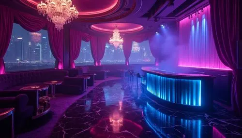 Luxurious nightclub interior, dark purple amethyst accent walls, velvet drapes, crystal chandelier, LED dance floor lights, DJ booth with neon blue glow, high-gloss black marble bar, stainless steel s