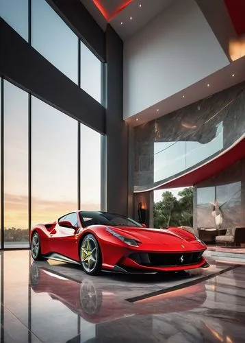 Luxury villa, Ferrari red, modern architecture, sleek lines, angular structure, grand entrance, tall ceilings, floor-to-ceiling windows, lavish interior, marble floors, designer furniture, sports car 