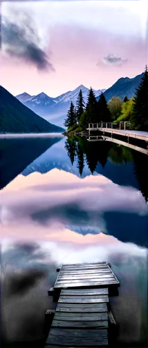 breathtaking landscape, majestic mountain range, snow-capped peaks, serene lake reflection, misty morning atmosphere, golden sunrise, fluffy white clouds, lush green trees, rustic wooden dock, calm wa