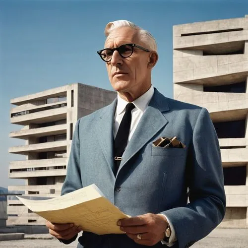 Le Corbusier, Charles-Édouard Jeanneret, pioneer architect, 50s style suit, black glasses, short hair, facial close-up, holding blueprints, standing in front of a modernist building, brutalist structu