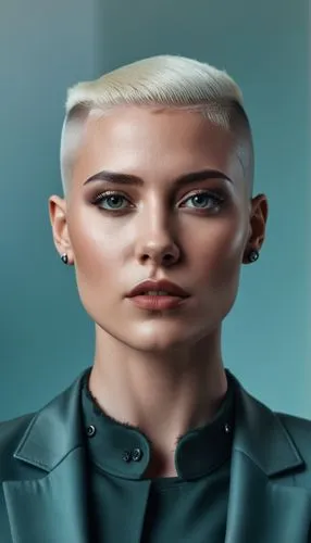 face model, suit, Mohawk haircut with shaved sides,a woman with blonde hair wearing a green jacket,derivable,ceo,ventress,buzzcut,molko,demihuman,Photography,General,Cinematic