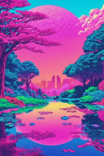 acid lake,lagoon,purple landscape,retro background,futuristic landscape,virtual landscape,oasis,mushroom landscape,aesthetic,tropics,80's design,ipê-purple,alien planet,landscape background,art background,would a background,digitalart,serengeti,芦ﾉ湖,dusk background,Conceptual Art,Sci-Fi,Sci-Fi 28