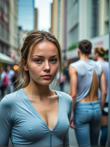 The scene takes place in a busy city. High resolution, background very blurred.,a woman stands alone on the street while two people walk by behind her,abnegation,street shot,cailin,girl in overalls,bo