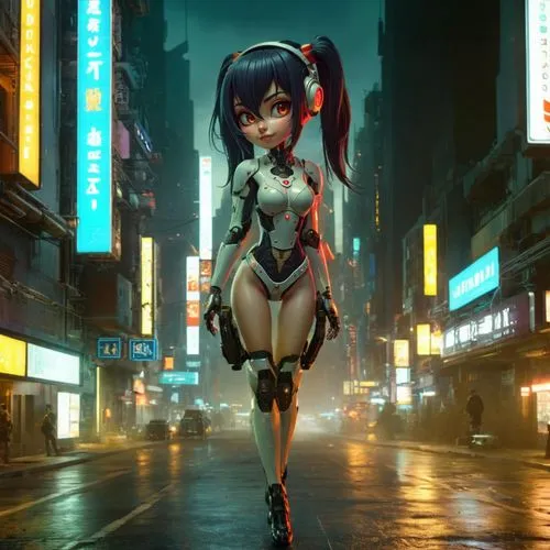 Sci-Fi CYBORG CYBERPUNK MECHA FUTURISTIC,a girl with dark hair walking on the street,anime 3d,chengli,hatsune miku,motoko,cyberpunk,akiba