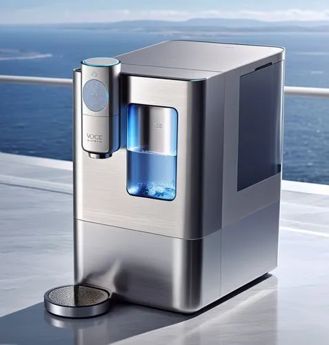 一款饮水机，高端的银灰色质感,a water dispenser is on a table near the ocean,water dispenser,microbrewer,ice cream maker,delonghi,sodastream,paykel,calorimeters,sousvide,stereolithography,soda machine,sterilizer,cry