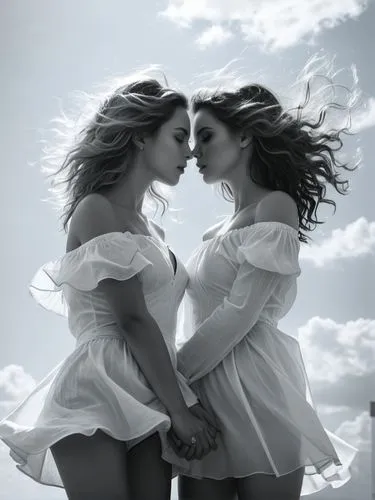 A black & white photo: The picture shows two young women facing each other and leaning close together, almost as if they were about to kiss. Both are wearing similar white, off-the-shoulder dresses th