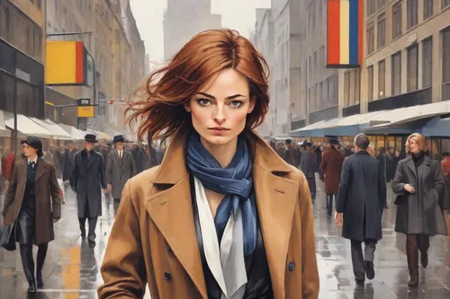 the girl at the station,woman walking,woman in menswear,oil painting on canvas,overcoat,pedestrian,woman shopping,a pedestrian,city ​​portrait,woman thinking,world digital painting,girl in a long,girl walking away,white-collar worker,oil painting,sprint woman,art painting,travel woman,bussiness woman,woman at cafe,Digital Art,Poster