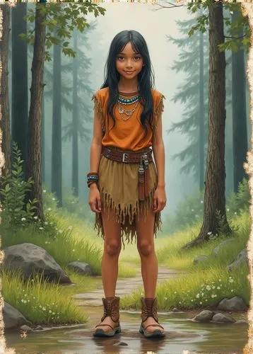 loose watercolour painting on old, crumpled, torn, burnt and mottled paper: 15-year-old athletic Native American girl standing in a forest clearing in the rain, smiling,a girl wearing a native outfit 