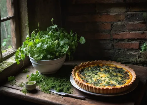 leek quiche,quiche,yellow leaf pie,chess pie,quark tart,tourtière,creamed spinach,lemon basil,shortcrust pastry,custard tart,crostata,mystic light food photography,tart,wild garlic butter,watercress,rhubarb pie,lemon balm,herb quark,gremolata,basil holy,Art,Classical Oil Painting,Classical Oil Painting 42