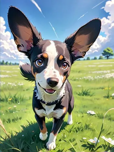 A playful black and white dog with big ears looks happily at the sky and enjoys the feeling of the wind blowing through its fur. The dog's fur glistened in the sun, and there was a distinct white stri