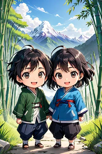 girl and boy outdoor,kimonos,yamada's rice fields,mountain scene,landscape background,meteora,japanese floral background,game illustration,mountain hiking,nikko,rice mountain,forest background,hiyayakko,nori,chibi children,little boy and girl,mountain world,jinrikisha,tsukemono,rice paddies,Anime,Anime,Realistic