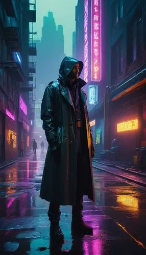 cyberpunk,bladerunner,noir,mute,bebop,vigilantes,deckard,film noir,cyberpunks,vigilante,pedestrian,man with umbrella,synthetic,synth,neon,aesthetic,cinematic,replicants,neon ghosts,neon arrows,Art,Classical Oil Painting,Classical Oil Painting 20