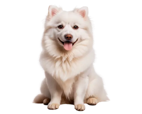 Fluffy dog, cute expression, sitting posture, white fur, brown ears, pink tongue out, front paws together, soft focus, blurred background, warm lighting, 3/4 composition, shallow depth of field.,samoy