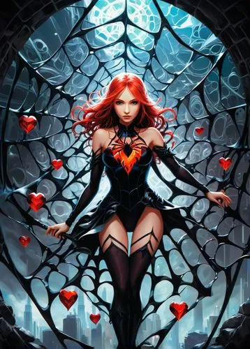 queen of hearts,scarlet witch,black widow,starfire,poison ivy,root chakra,bleeding heart,fantasy woman,red lantern,winged heart,background ivy,fallen petals,red heart,the enchantress,red butterfly,fantasy art,thorns,firestar,fire heart,transistor,Art,Artistic Painting,Artistic Painting 33