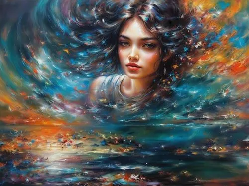 water nymph,mystical portrait of a girl,oil painting on canvas,girl on the river,submerged,water lotus,siren,oil painting,immersed,fantasy art,watery heart,fantasy portrait,boho art,art painting,water