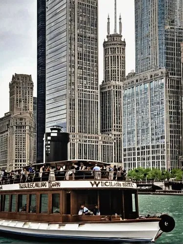 Chicago Architecture Boat Tour, summer evening, warm golden lighting, calm Lake Michigan water, Chicago River North Branch, Willis Tower, Tribune Tower, Wrigley Building, Marina City, modern glass sky