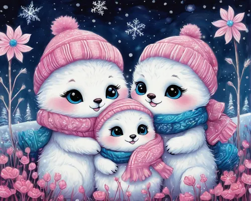 winter animals,snowmen,pink family,snowballs,couple boy and girl owl,owlets,polar bear children,snow scene,cute cartoon image,winter background,kawaii animals,cute animals,soft toys,three friends,snow figures,motif,rabbit family,children's background,childs,warmly,Illustration,Abstract Fantasy,Abstract Fantasy 10