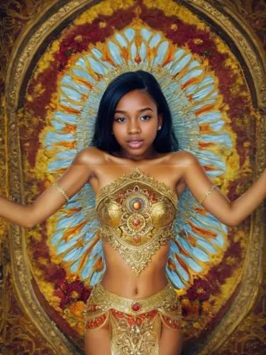 a painting of a woman in gold clothing,maraj,cardizem,bonang,minaj,oshun,azealia