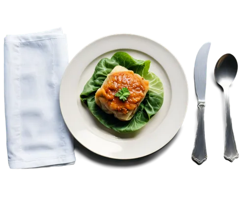 photorealistic white plate with cabbage rolls, white sour cream, bread, a fragment of a homemade tablecloth, an iron fork and a knife. view from above. background transparent,salmon fillet,salmon cake