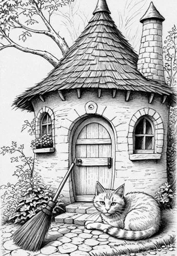 : Design Sketch-Rough Outline ,an ink drawing of a cat sitting outside of a house,houses clipart,coloring page,coloring pages,witch's house,crooked house,fairy house,Design Sketch,Design Sketch,Detail