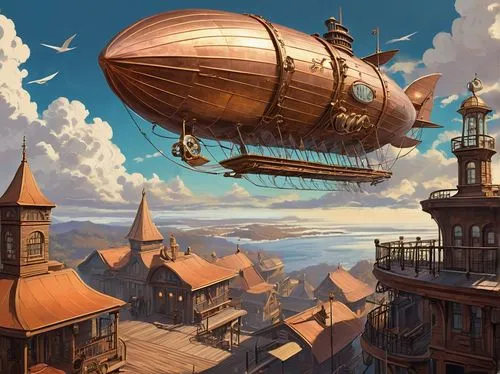 Fantasy airship, majestic, steampunk, Victorian era, intricate copper pipes, wooden propellers, billowing white sails, grandiose observation deck, ornate bronze railings, vintage navigation instrument