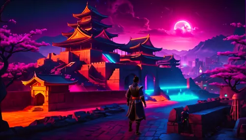 halloween background,shambhala,dalixia,ancient city,tianxia,3d fantasy,dusk background,jinchuan,fantasy city,3d background,hanging temple,temples,imaginasian,halloween wallpaper,jigoku,baoli,lanterns,