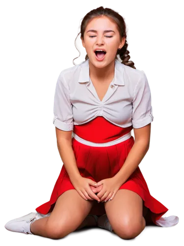 Kawaii girl, cute facial expression, mouth open, tongue out, eyes closed, happy tears, sparkling eyelashes, curly brown hair, ponytail, white blouse, red skirt, bare legs, sitting on floor, knees bent