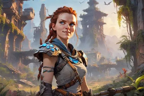 looking lustfully, admiringly, blue eyes, in the style of the computer game Horizon Zero Dawn, Aloy, side view, in the background are post-apocalyptic ruins of the city overgrown with vines and mechan