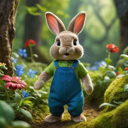 a spunky green bunny, wearing blue overalls and a red t-shirt standing in a vibrant forest with endless grassy knolls, glowing leaves, and clear streams, where mystical creatures buzz through a lush, 