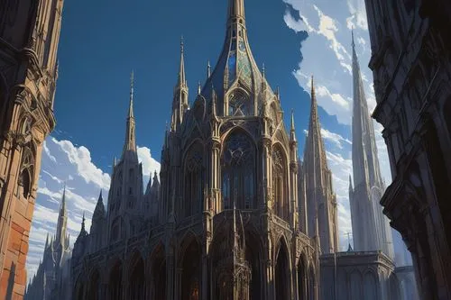 Gothic architectural spire, towering high, intricate stone carvings, grandeur scale, ornate details, pointed arches, ribbed vaults, flying buttresses, stained glass windows, majestic entrance, sprawli