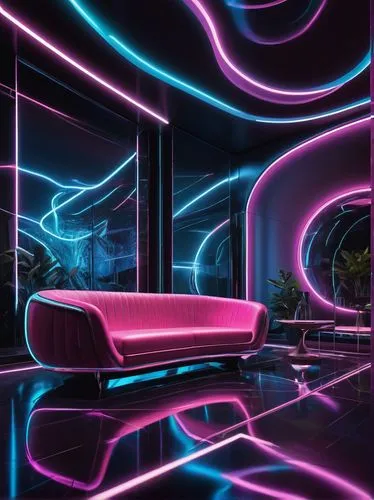 Futuristic extansion, metallic structure, neon lights, holographic displays, sleek lines, curved surfaces, glass walls, minimalist interior, luxurious furniture, ambient lighting, low-angle shot, dram