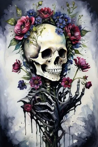 floral skull,boho skull,memento mori,day of the dead skeleton,vanitas,la calavera catrina,calavera,skull allover,deadhead,dead bride,days of the dead,day of the dead,dia de los muertos,skull bones,day of the dead frame,death's head,skullduggery,calaverita sugar,rosevelt,skulled,Illustration,Paper based,Paper Based 04